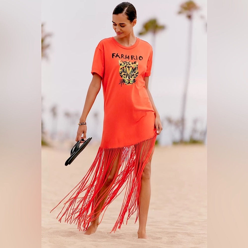 FARM Rio Orange Fringe Mini Dress with Leopard Graphic